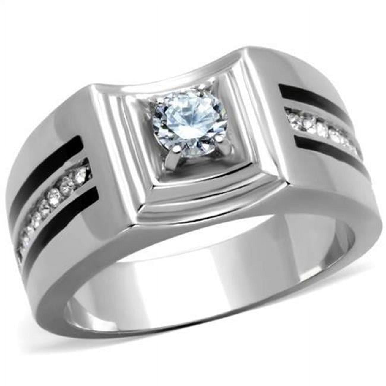 Men High Polished Stainless Steel Ring with AAA Grade CZ in Clear - Size 10
