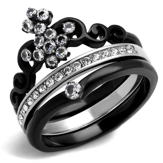 Women Two-Tone IP Black Stainless Steel Ring with AAA Grade CZ in Clear - Size 10