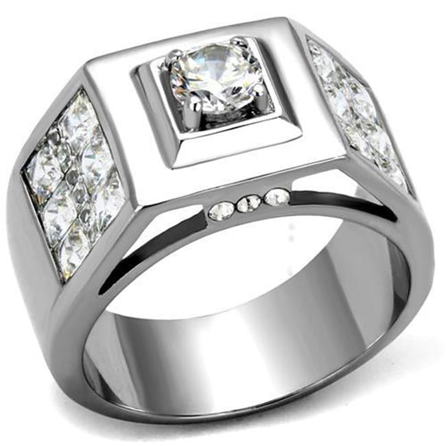 Men High Polished Stainless Steel Ring with AAA Grade CZ in Clear - Size 9