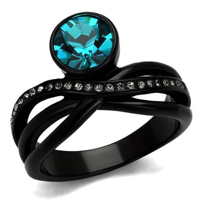 Women IP Black Stainless Steel Ring with Top Grade Crystal in Blue Zircon - Size 5