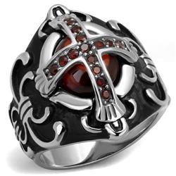 TK2507-11 Men High Polished Stainless Steel Ring with AAA Grade CZ in Garnet - Size 11