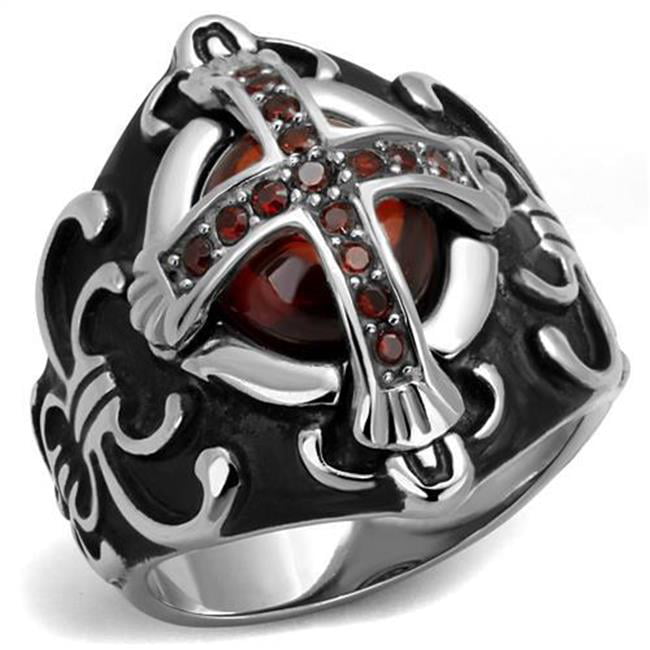 TK2507-9 Men High Polished Stainless Steel Ring with AAA Grade CZ in Garnet - Size 9