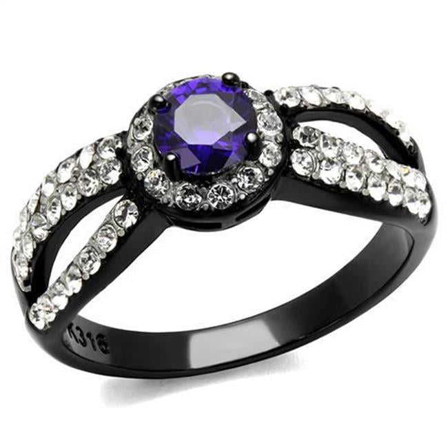 Women Two-Tone IP Black Stainless Steel Ring with AAA Grade CZ in Tanzanite - Size 7