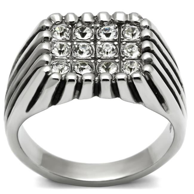TK363-9 Men High Polished Stainless Steel Ring with Top Grade Crystal in Clear - Size 9