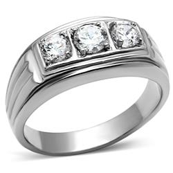 Men High Polished Stainless Steel Ring with AAA Grade CZ in Clear - Size 10