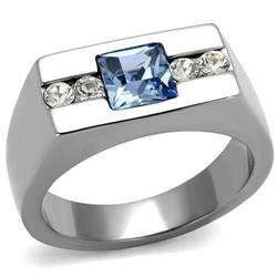 TK2307-8 Men High Polished Stainless Steel Ring with Top Grade Crystal in Aquamarine - Size 8