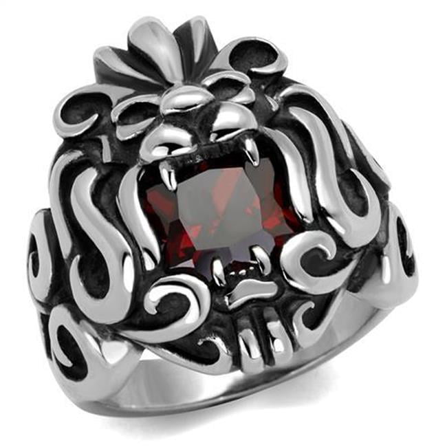 Men High Polished Stainless Steel Ring with AAA Grade CZ in Garnet - Size 8
