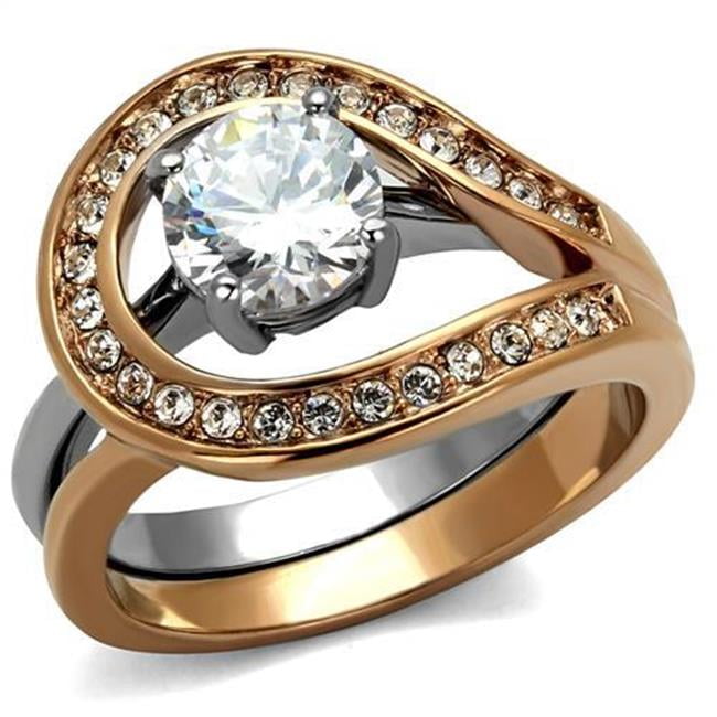 Women Two-Tone IP Rose Gold Stainless Steel Ring with AAA Grade CZ in Clear - Size 5