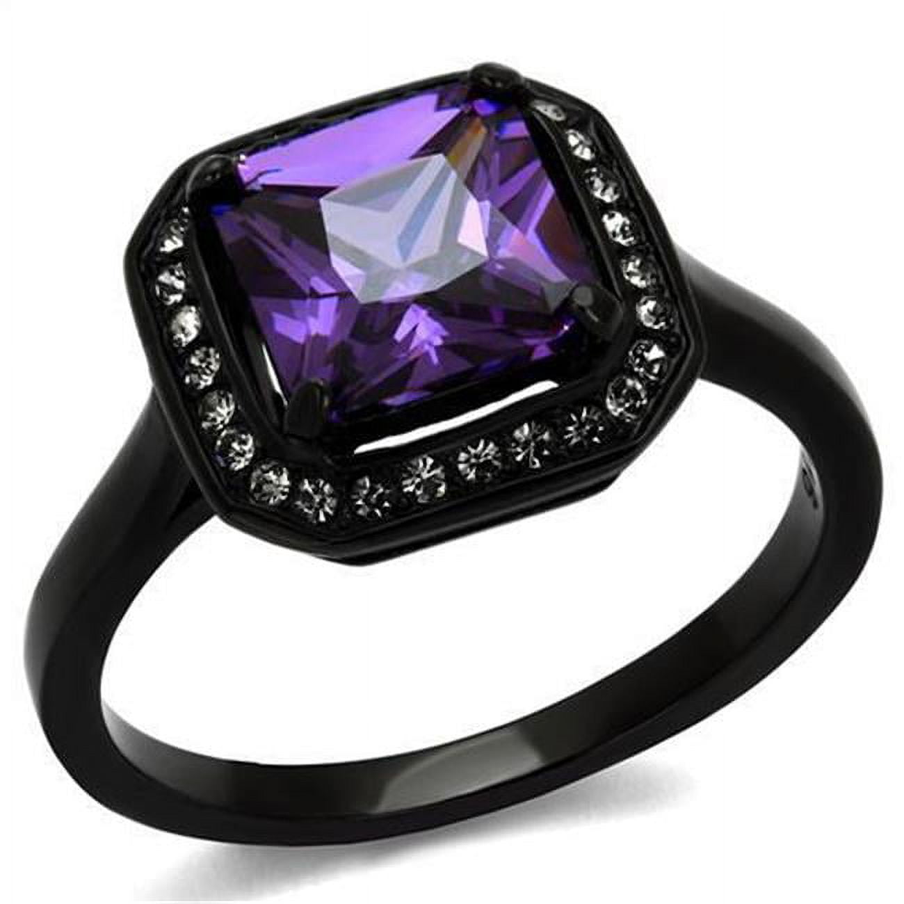 Women IP Black Stainless Steel Ring with AAA Grade CZ in Amethyst - Size 10