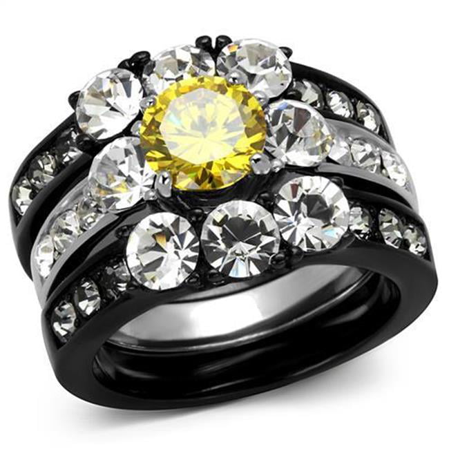 Women Two-Tone IP Black Stainless Steel Ring with AAA Grade CZ in Topaz - Size 8