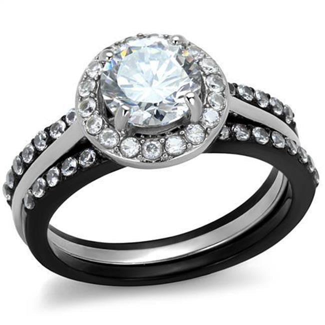 Women Two-Tone IP Black Stainless Steel Ring with AAA Grade CZ in Clear - Size 9