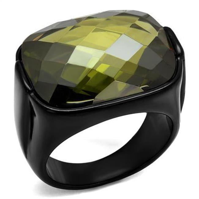 Men IP Black Stainless Steel Ring with AAA Grade CZ in Olivine - Size 9