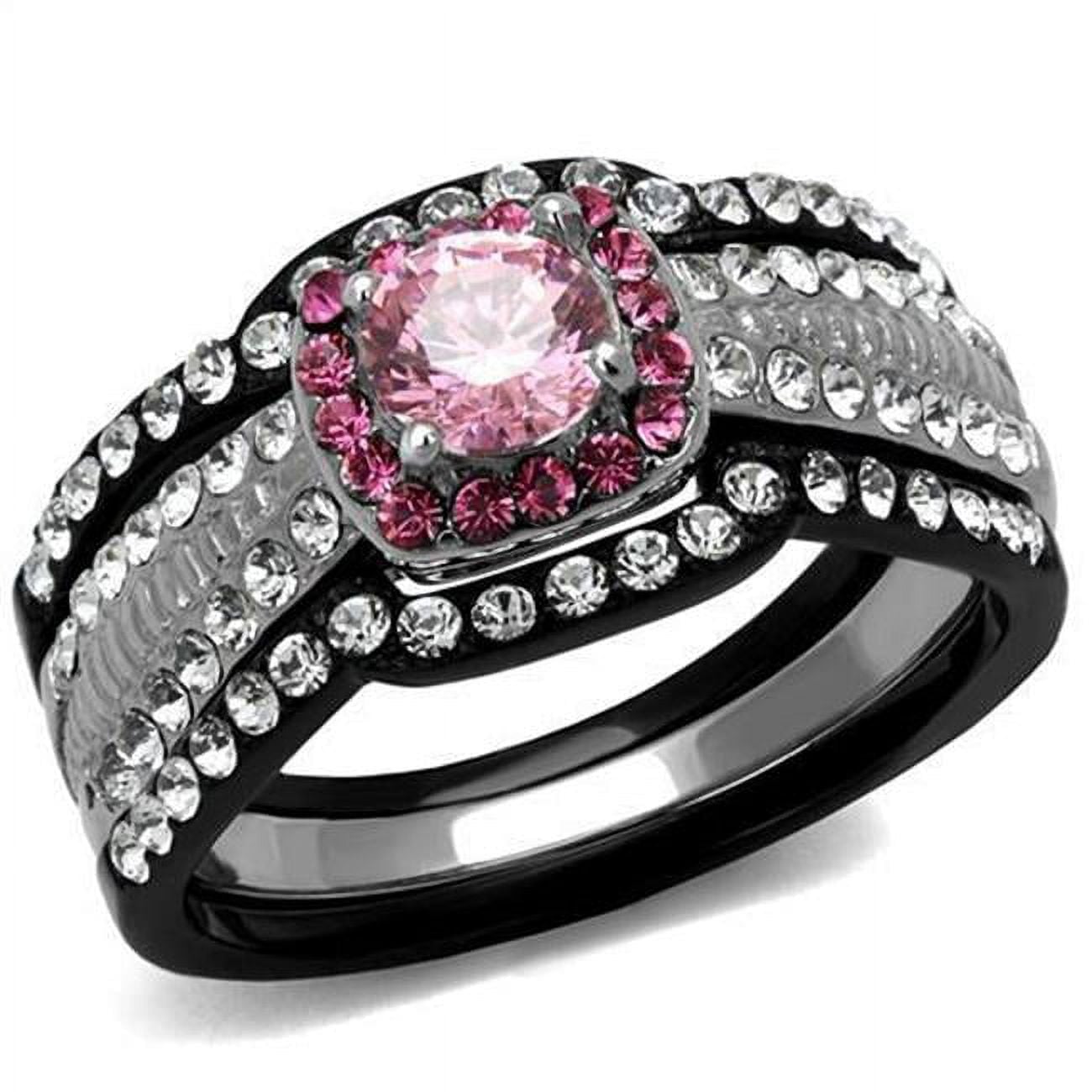Women Two-Tone IP Black Stainless Steel Ring with AAA Grade CZ in Light Rose - Size 9