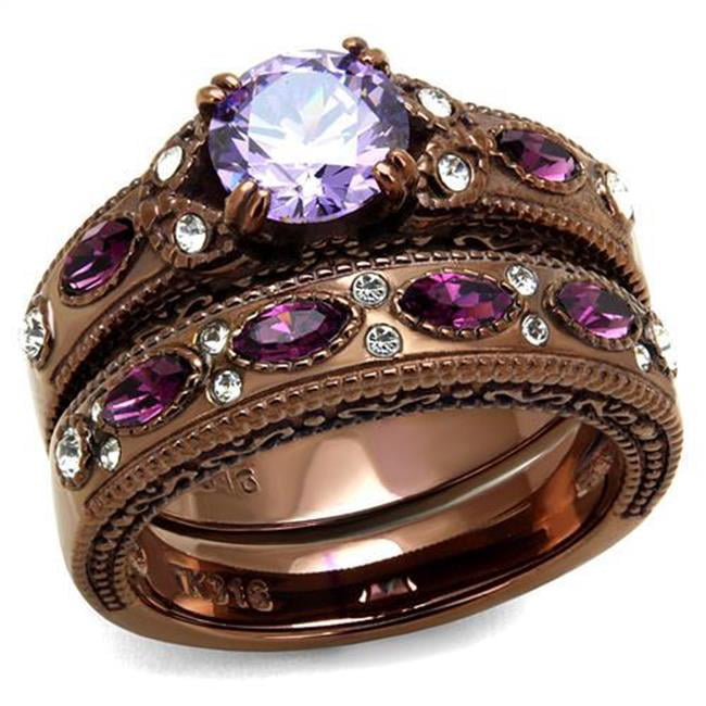 Women IP Coffee Light Stainless Steel Ring with AAA Grade CZ in Amethyst - Size 10