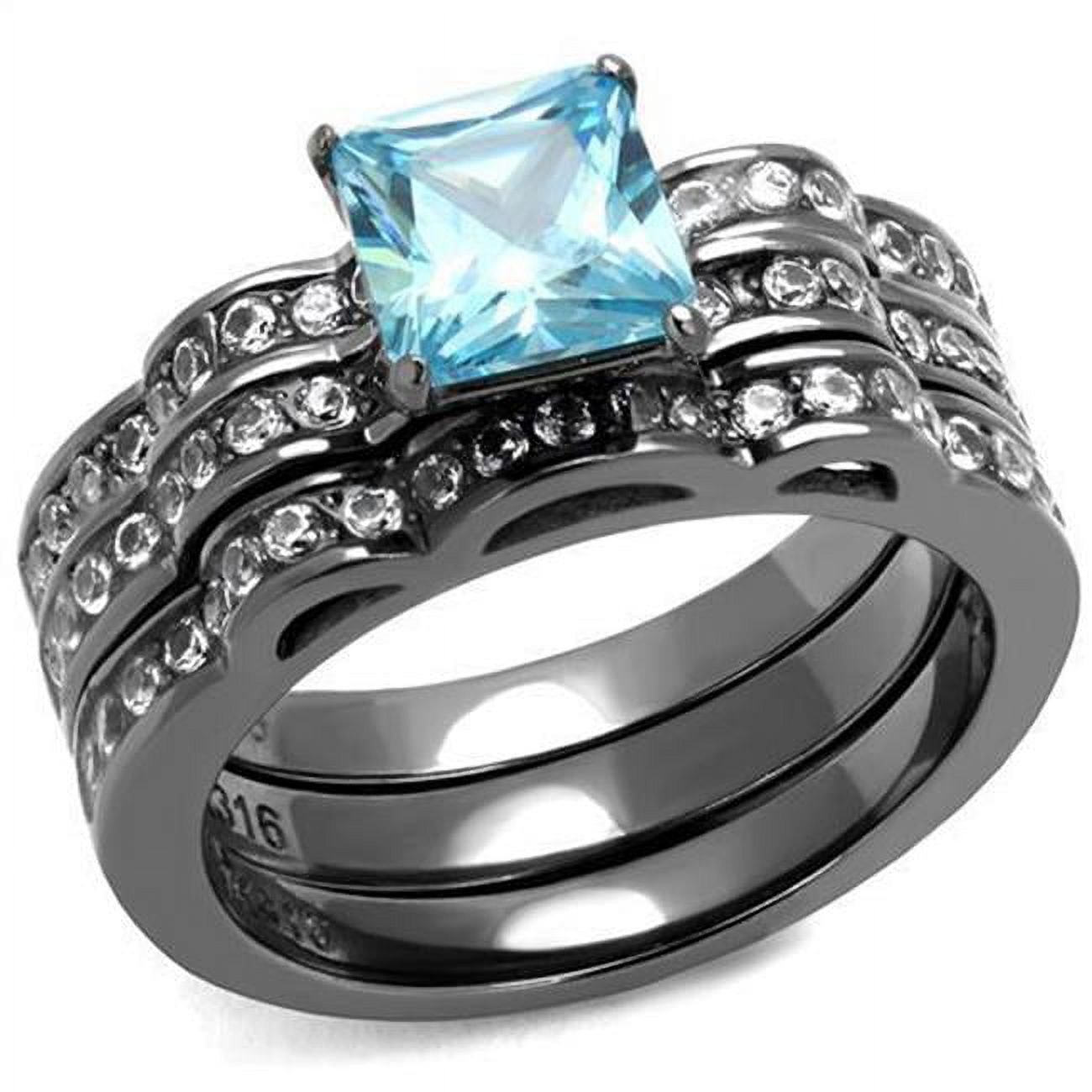 Women IP Light Black Stainless Steel Ring with AAA Grade CZ in Sea Blue - Size 5