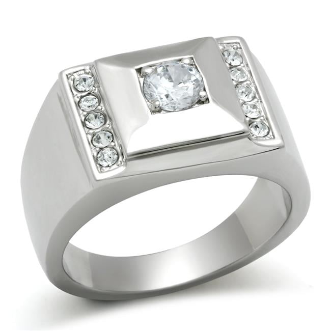 Men High Polished Stainless Steel Ring with AAA Grade CZ in Clear - Size 11