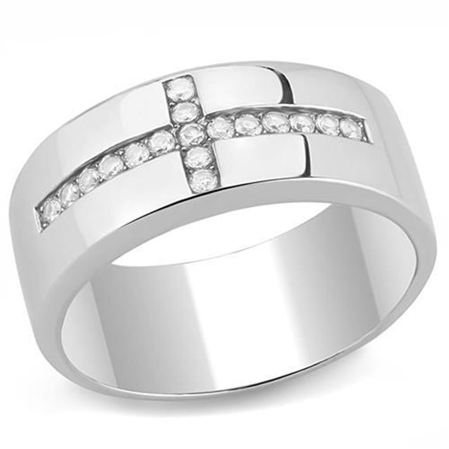 Men High Polished Stainless Steel Ring with AAA Grade CZ in Clear - Size 12
