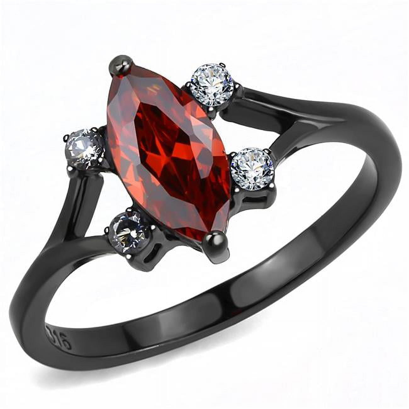 Women IP Black Stainless Steel Ring with AAA Grade CZ in Garnet - Size 7
