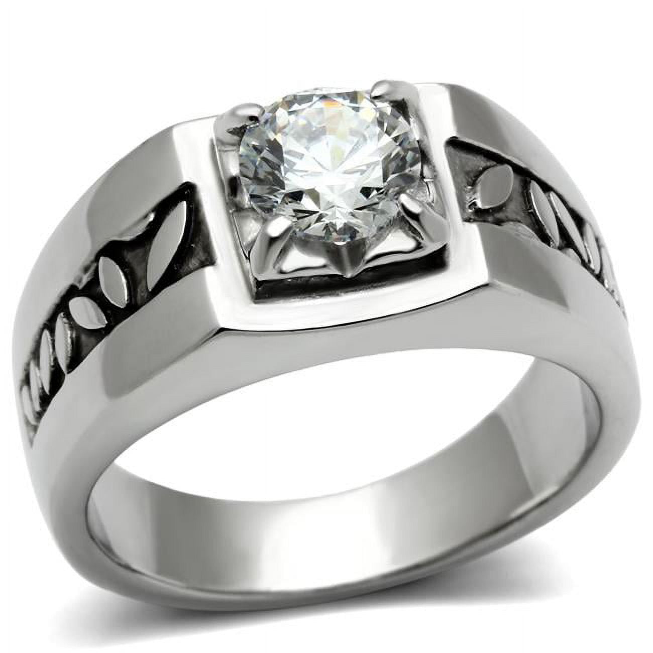 Men High Polished Stainless Steel Ring with AAA Grade CZ in Clear - Size 9