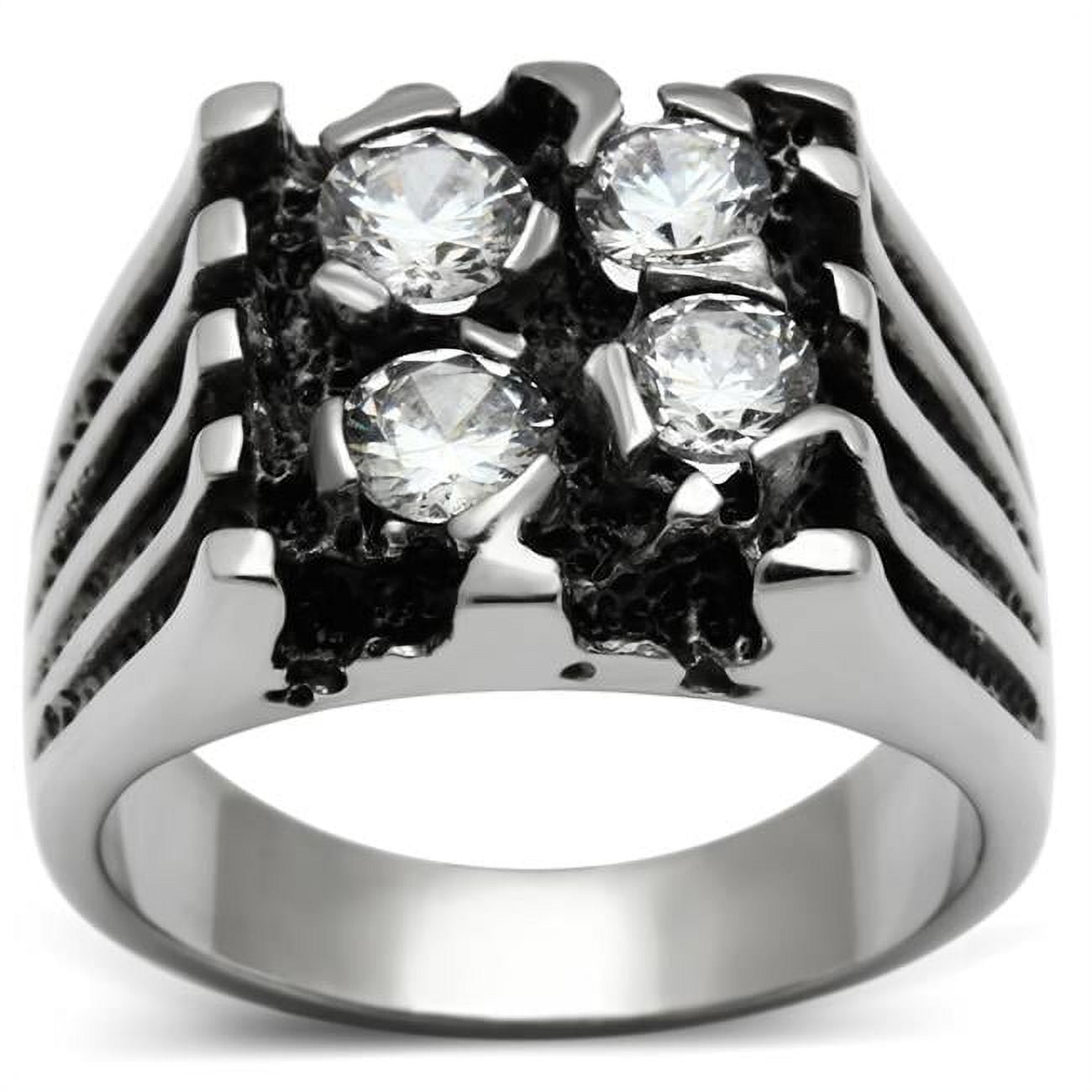 Men High Polished Stainless Steel Ring with AAA Grade CZ in Clear - Size 9