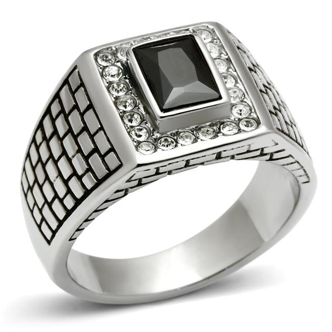 Men High Polished Stainless Steel Ring with AAA Grade CZ in Jet - Size 12