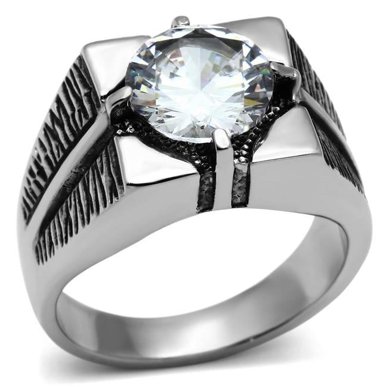 TK701-8 Men High Polished Stainless Steel Ring with AAA Grade CZ in Clear - Size 8