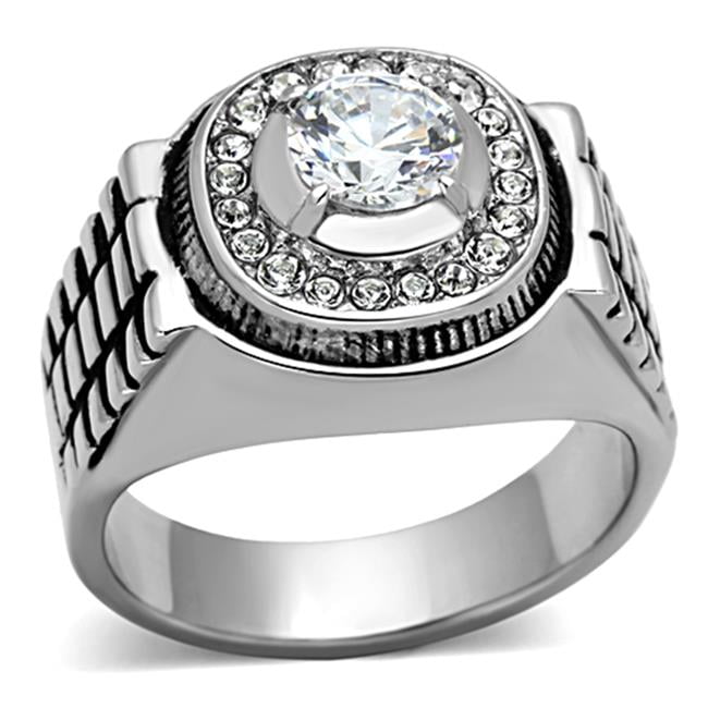 TK948-13 Men High Polished Stainless Steel Ring with AAA Grade CZ in Clear - Size 13