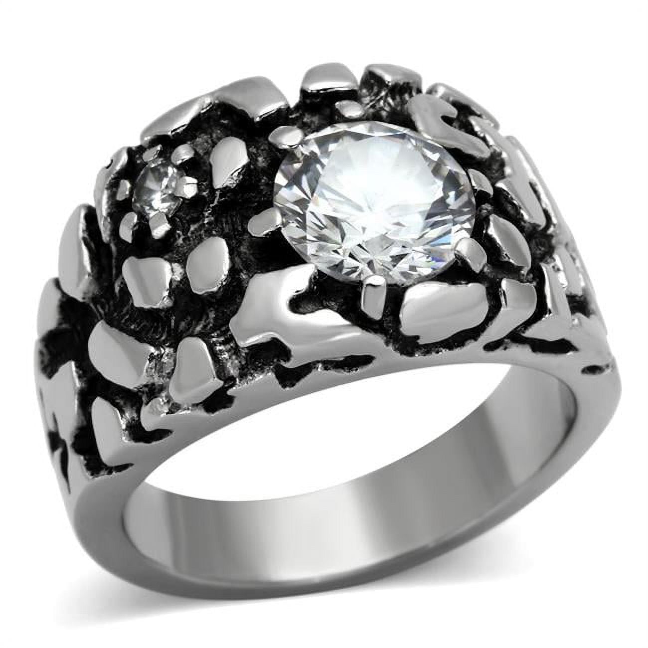 Men High Polished Stainless Steel Ring with AAA Grade CZ in Clear - Size 9