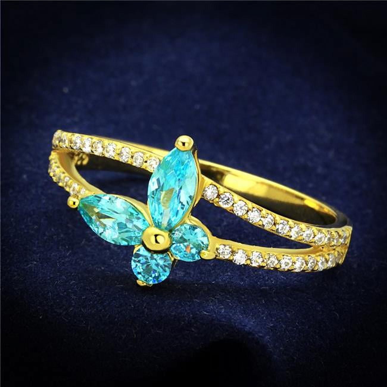 TS249-7 Women Gold 925 Sterling Silver Ring with AAA Grade CZ in Sea Blue - Size 7