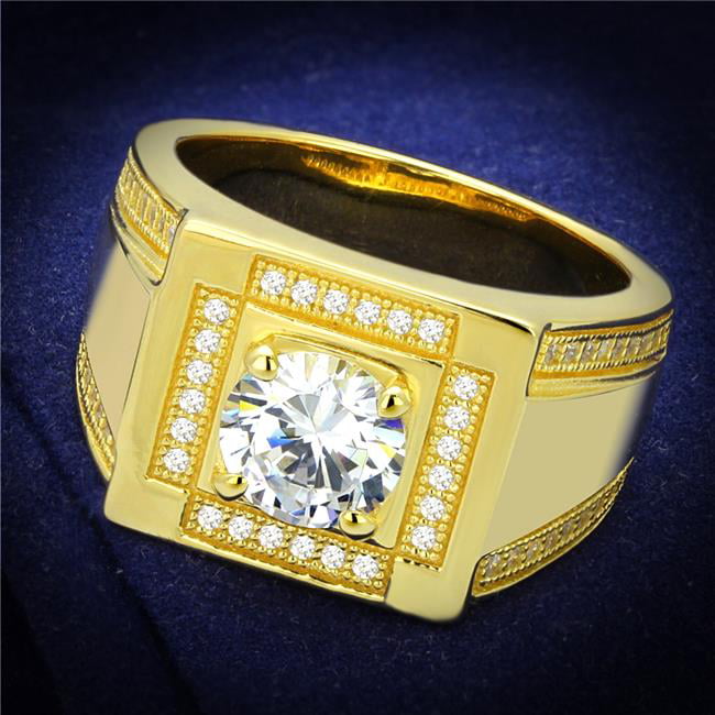 Men Gold 925 Sterling Silver Ring with AAA Grade CZ in Clear - Size 10