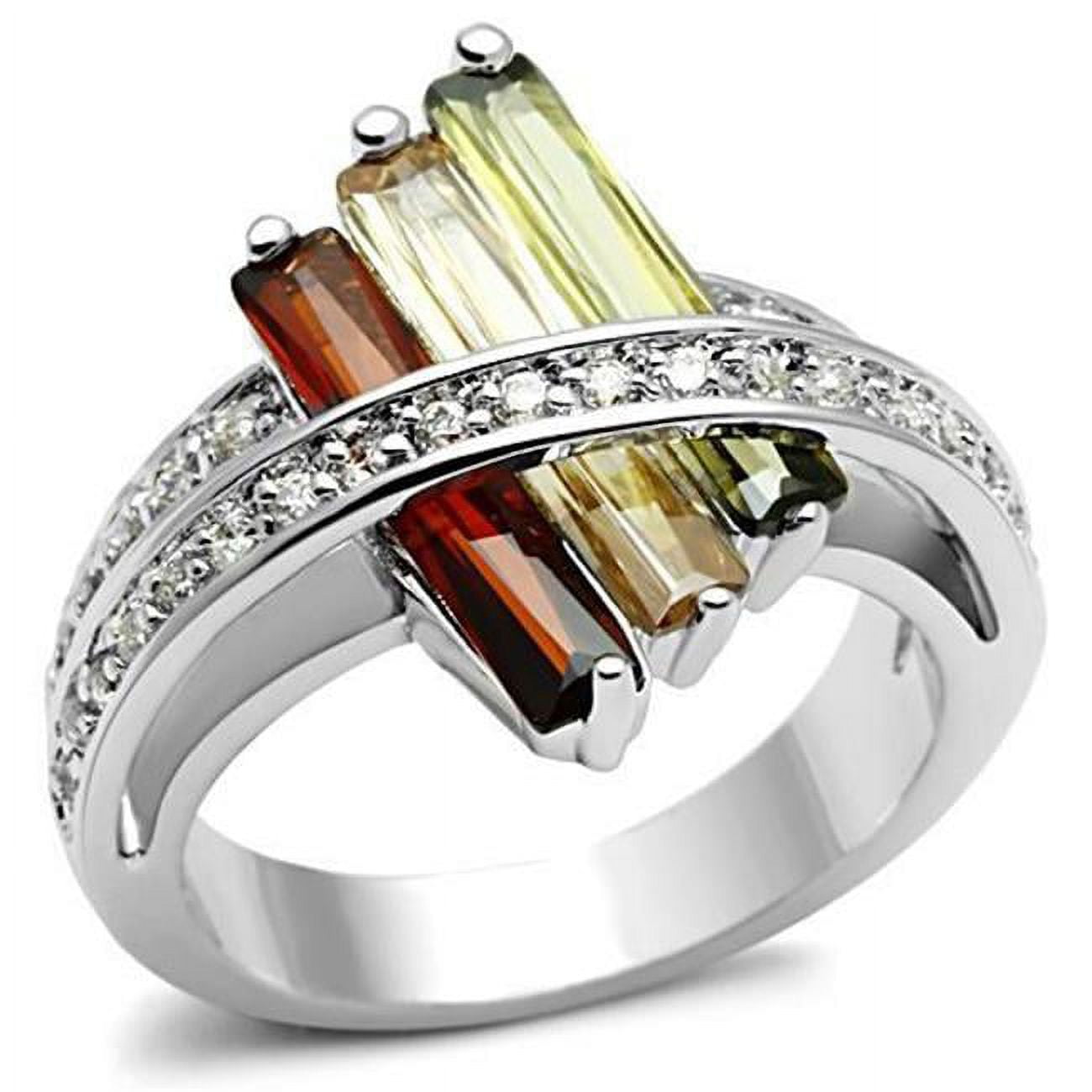 Women Rhodium Brass Ring with AAA Grade CZ in Multi Color - Size 6