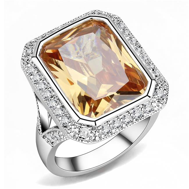 Women Rhodium Brass Ring with AAA Grade CZ in Champagne - Size 6
