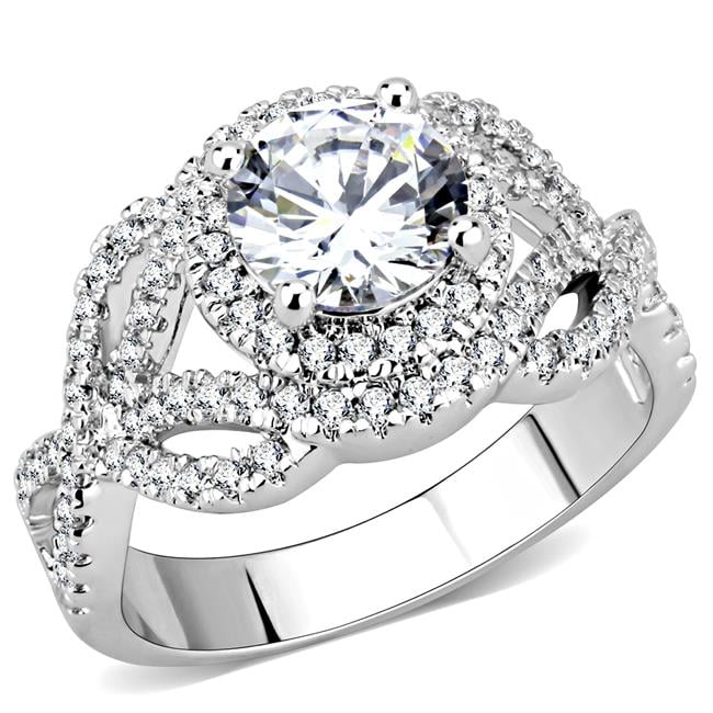 Women Rhodium Brass Ring with AAA Grade CZ in Clear - Size 9