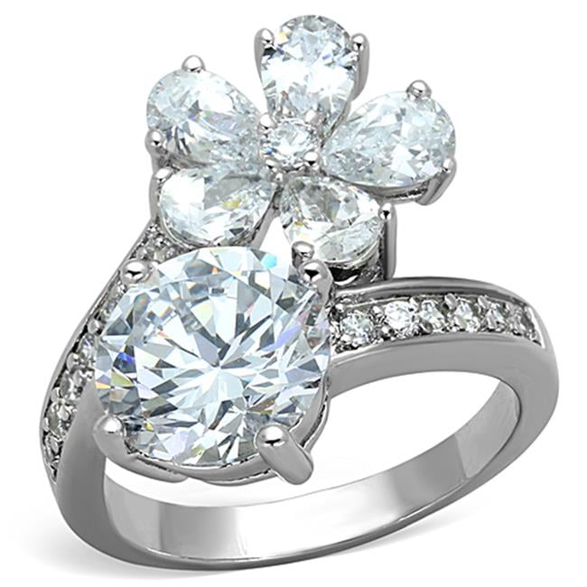 Women Rhodium Brass Ring with AAA Grade CZ in Clear - Size 7