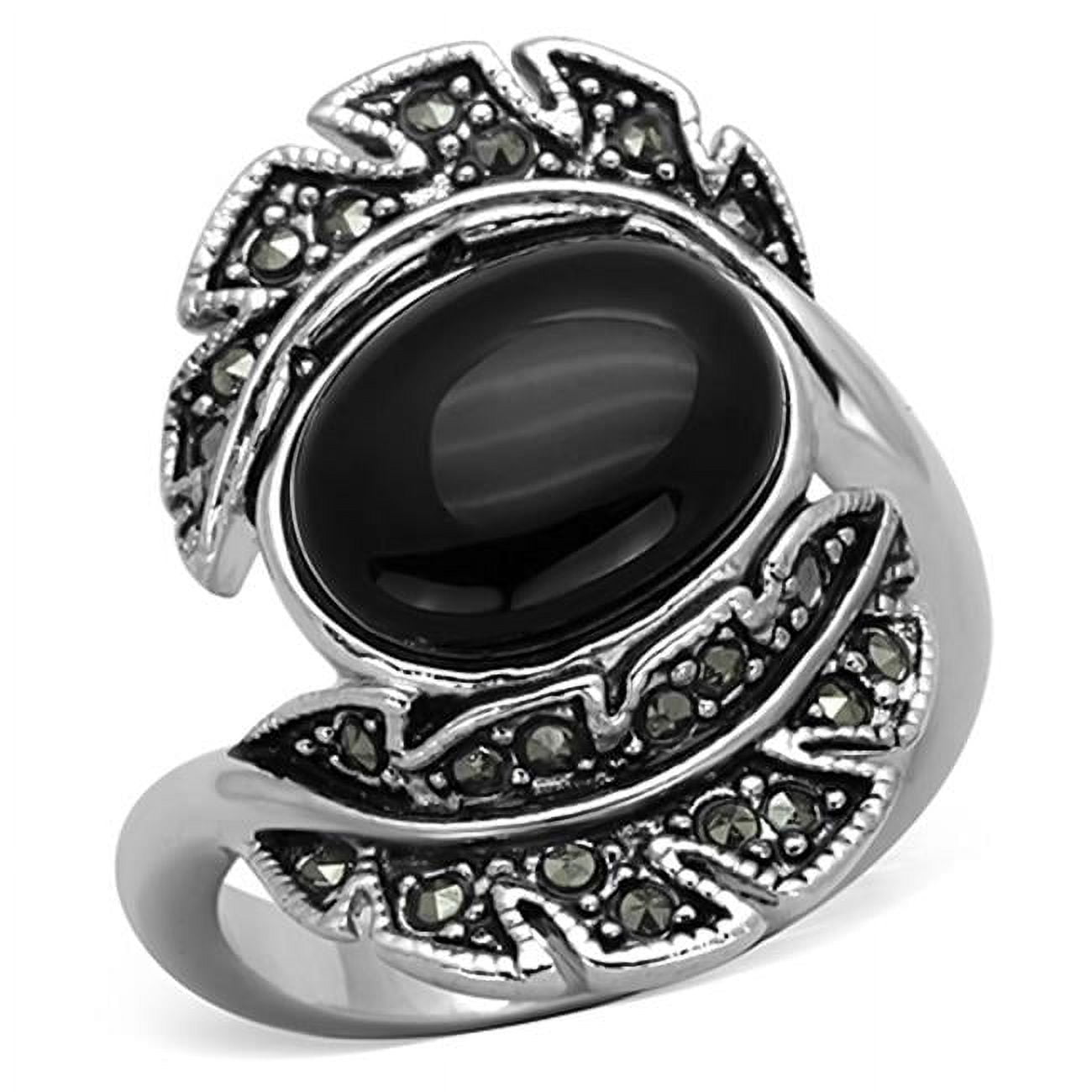 Women Rhodium Brass Ring with Synthetic in Jet - Size 10