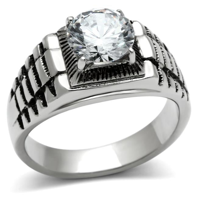 Men High Polished Stainless Steel Ring with AAA Grade CZ in Clear - Size 11
