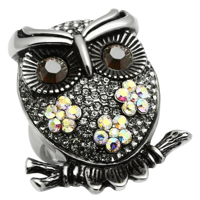 TK603-8 Women High Polished Stainless Steel Ring with Top Grade Crystal in Smoked Quartz - Size 8