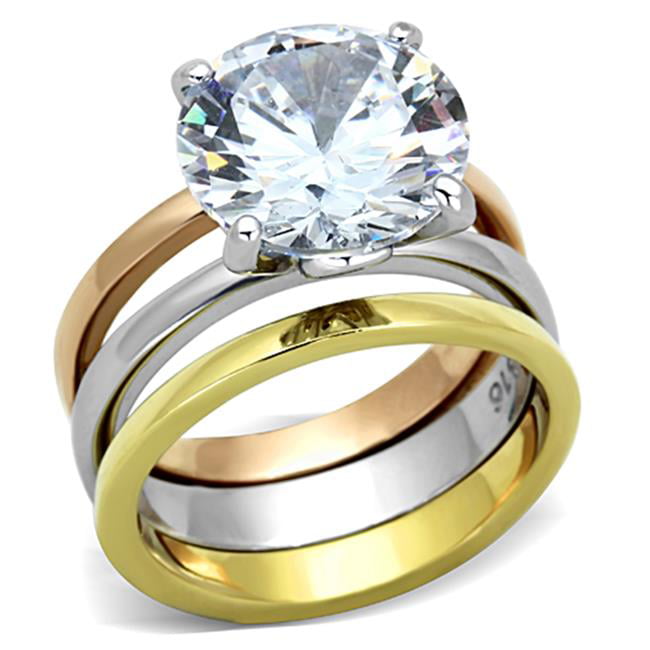 TK963-7 Women Three Tone IP Stainless Steel Ring with AAA Grade CZ in Clear - Size 7