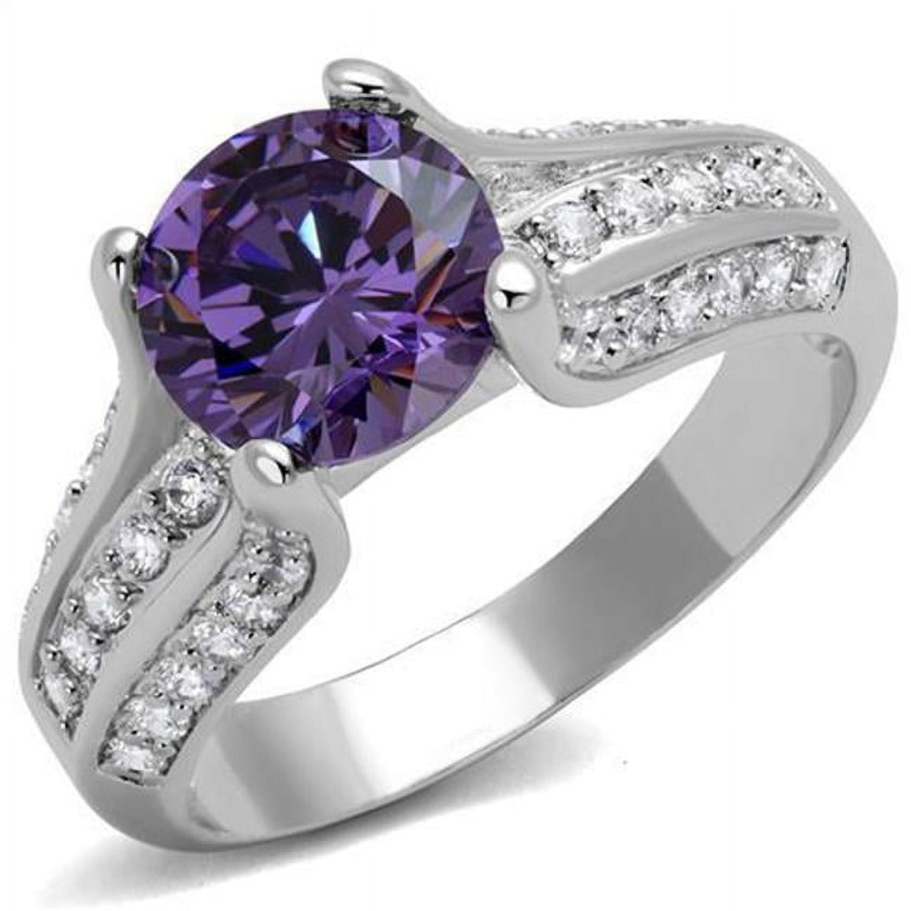 Women Rhodium Brass Ring with AAA Grade CZ in Amethyst - Size 7