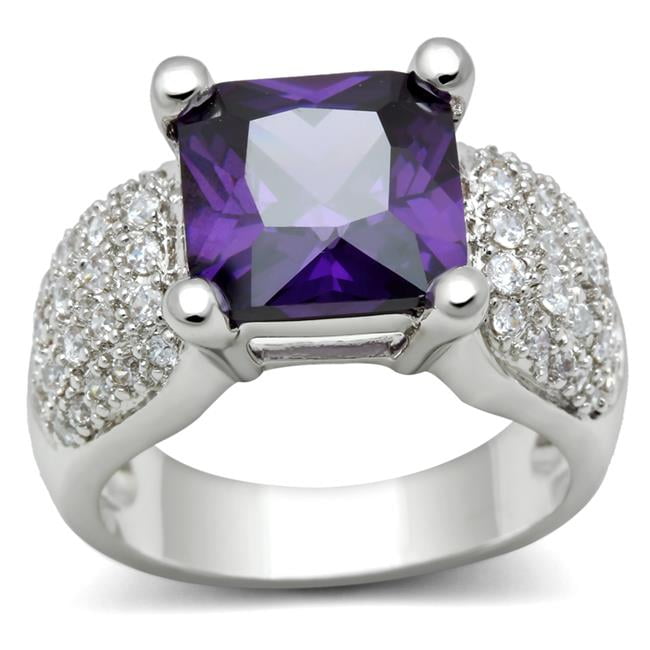 Women Rhodium Brass Ring with AAA Grade CZ in Amethyst - Size 8