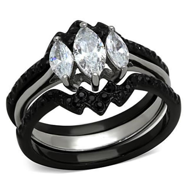 Women Two-Tone IP Black Stainless Steel Ring with AAA Grade CZ in Clear - Size 5
