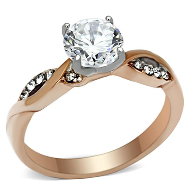 Women Two-Tone IP Rose Gold Stainless Steel Ring with AAA Grade CZ in Clear - Size 6
