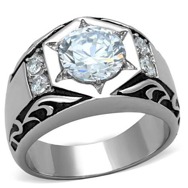Men High Polished Stainless Steel Ring with AAA Grade CZ in Clear - Size 13