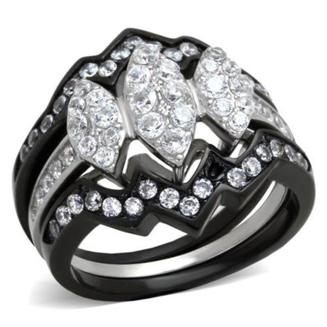 Women Two-Tone IP Black Stainless Steel Ring with AAA Grade CZ in Clear - Size 8