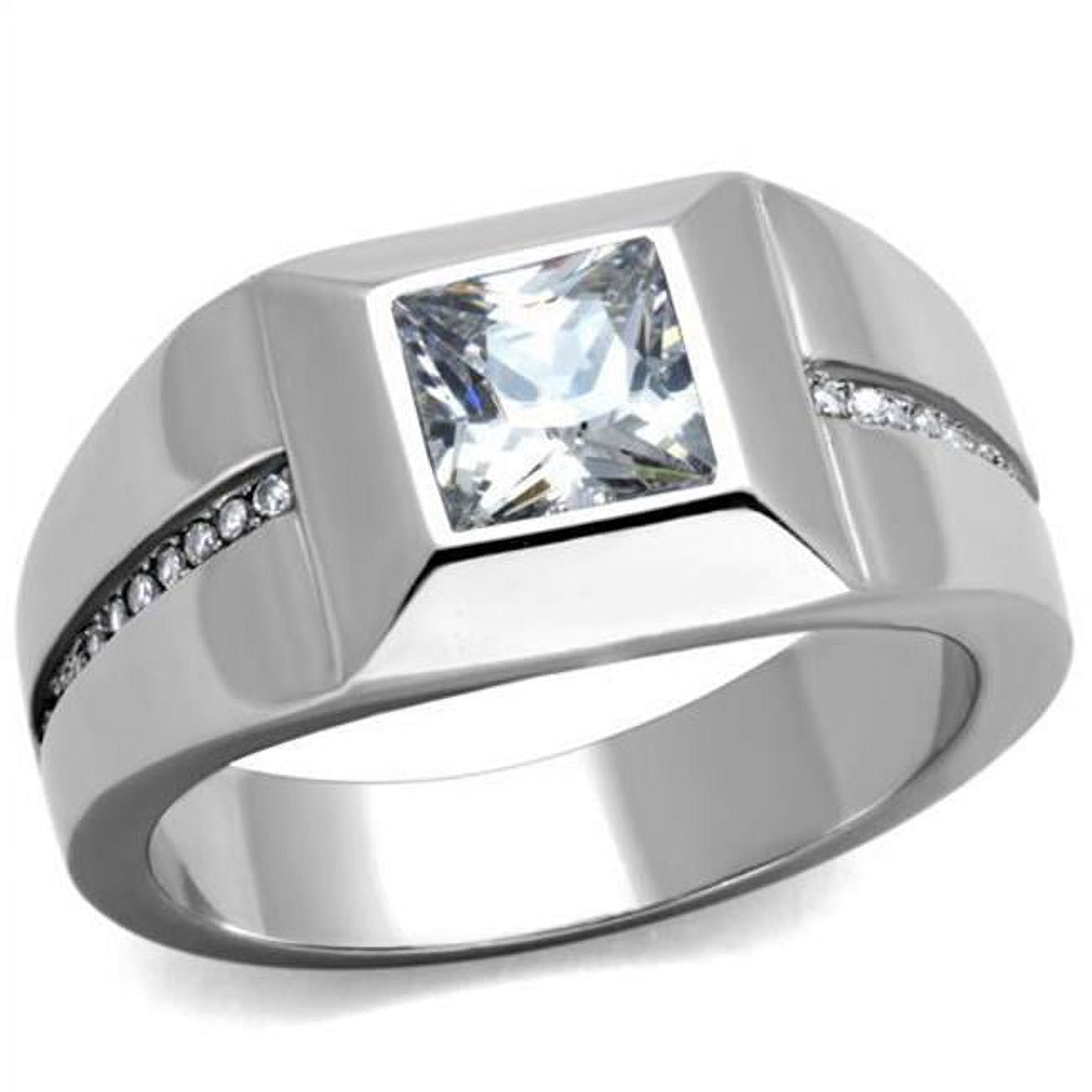 Men High Polished Stainless Steel Ring with AAA Grade CZ in Clear - Size 8