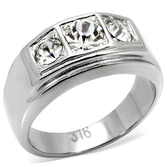 TK119-9 Men High Polished Stainless Steel Ring with Top Grade Crystal in Clear - Size 9