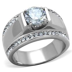 Men High Polished Stainless Steel Ring with AAA Grade CZ in Clear - Size 9