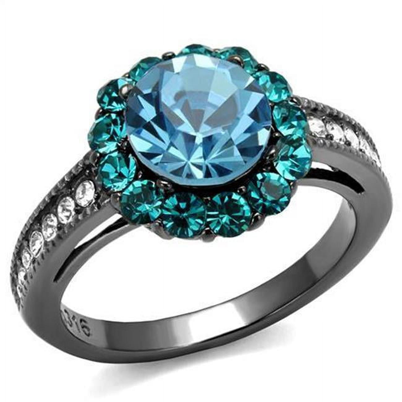 Women IP Light Black Stainless Steel Ring with Top Grade Crystal in Sea Blue - Size 6