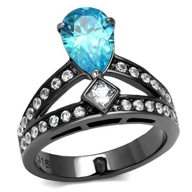 Women IP Light Black Stainless Steel Ring with AAA Grade CZ in Sea Blue - Size 8