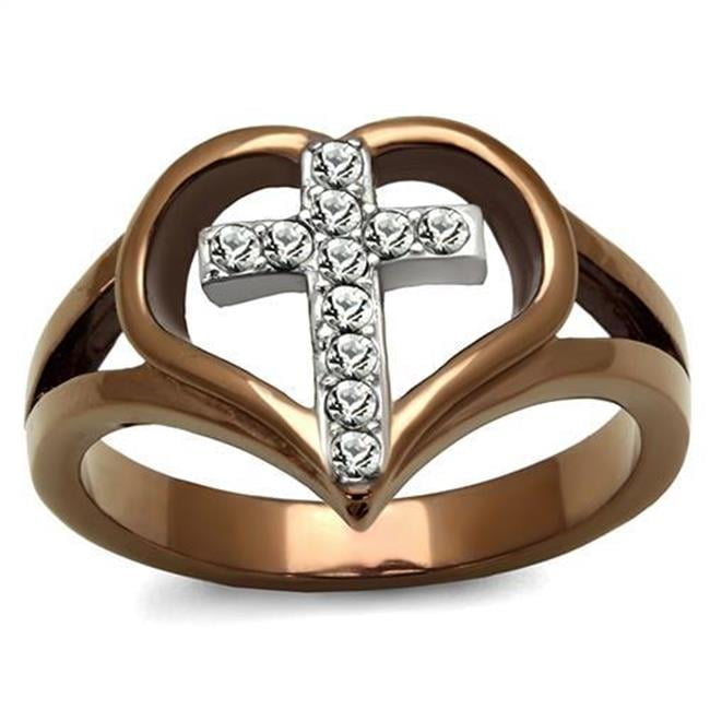 TK2802-9 Women Two Tone IP Light Brown Stainless Steel Ring with Top Grade Crystal in Clear - Size 9